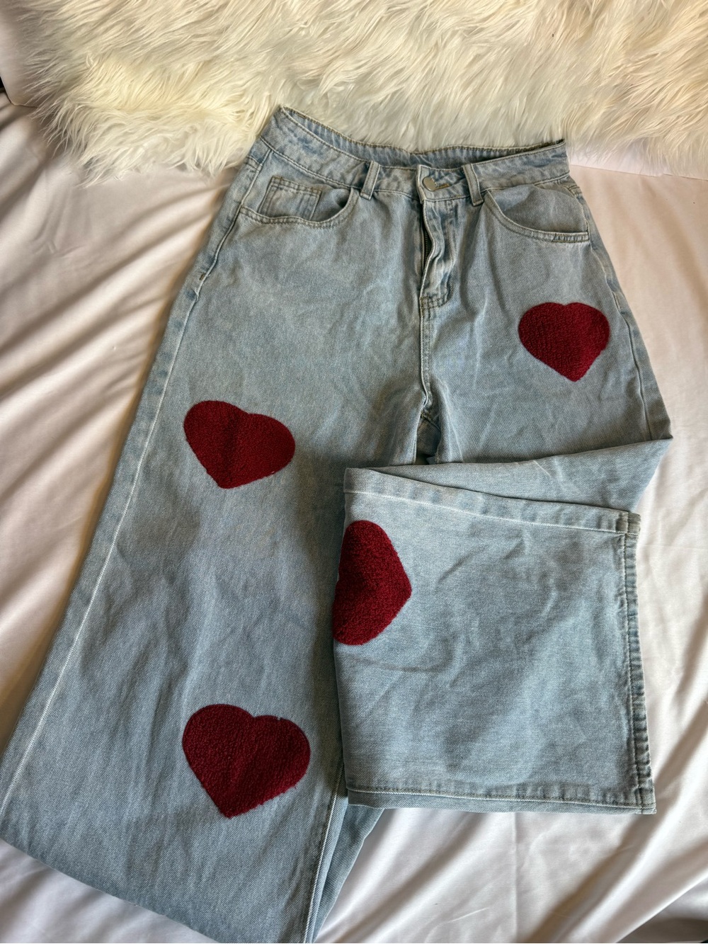 Light Wash Women’s Jeans with Red Heart Accents